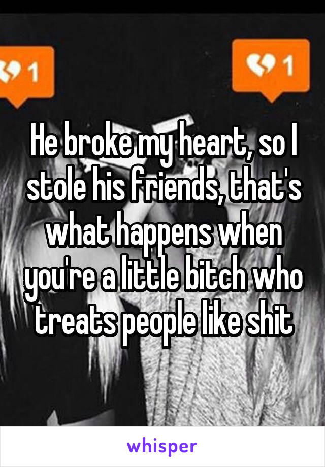 He broke my heart, so I stole his friends, that's what happens when you're a little bitch who treats people like shit