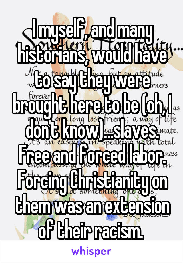 I myself, and many historians, would have to say they were brought here to be (oh, I don't know)...slaves. Free and forced labor. Forcing Christianity on them was an extension of their racism. 