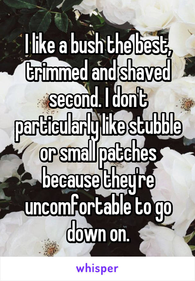 I like a bush the best, trimmed and shaved second. I don't particularly like stubble or small patches because they're uncomfortable to go down on.