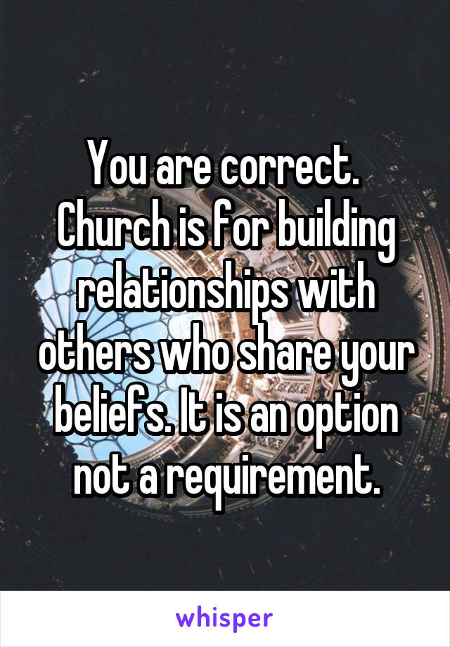 You are correct.  Church is for building relationships with others who share your beliefs. It is an option not a requirement.