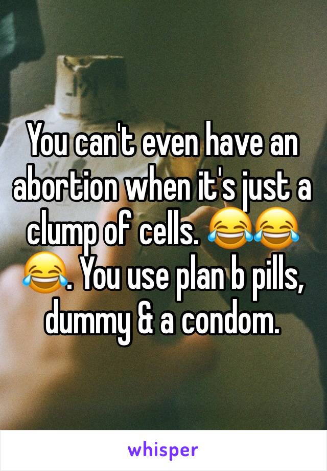 You can't even have an abortion when it's just a clump of cells. 😂😂😂. You use plan b pills, dummy & a condom.