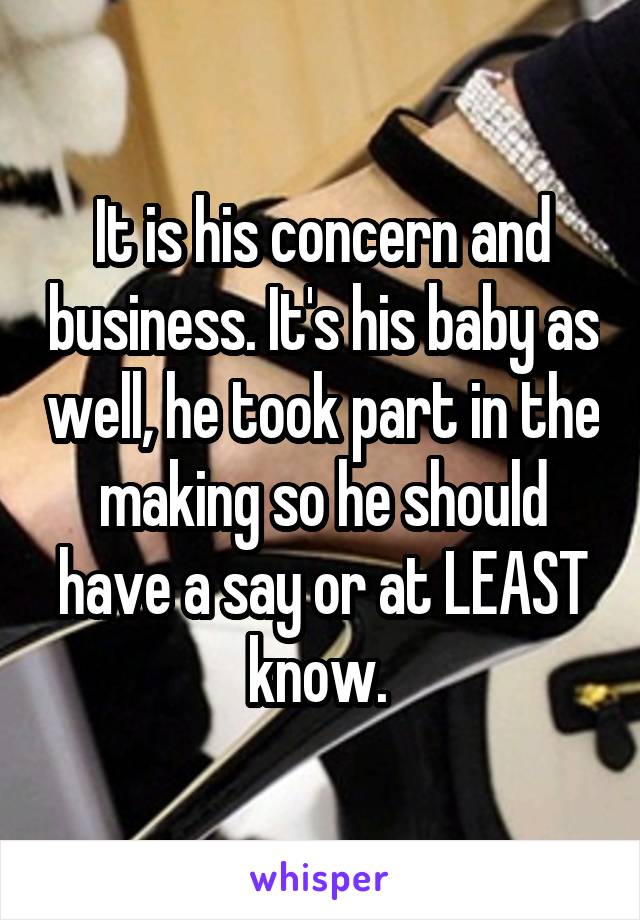 It is his concern and business. It's his baby as well, he took part in the making so he should have a say or at LEAST know. 