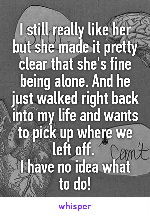 I still really like her but she made it pretty clear that she's fine being alone. And he just walked right back into my life and wants to pick up where we left off. 
I have no idea what to do!