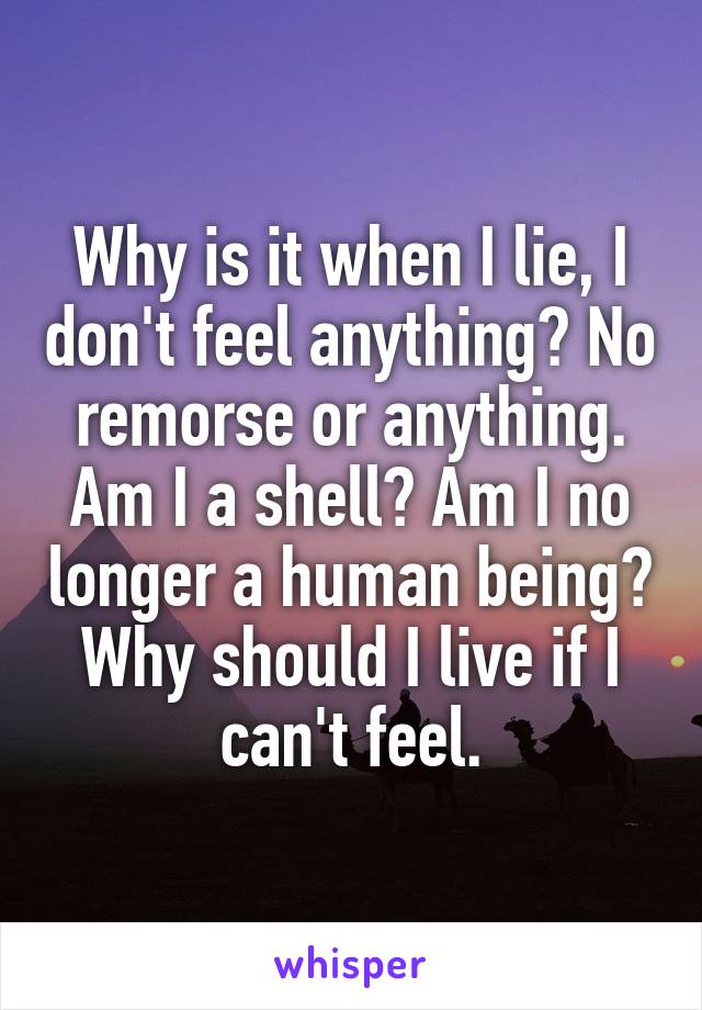 Why is it when I lie, I don't feel anything? No remorse or anything. Am I a shell? Am I no longer a human being? Why should I live if I can't feel.