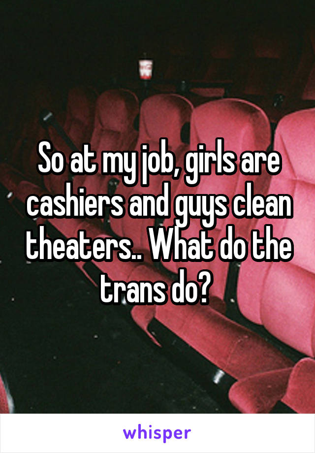 So at my job, girls are cashiers and guys clean theaters.. What do the trans do? 