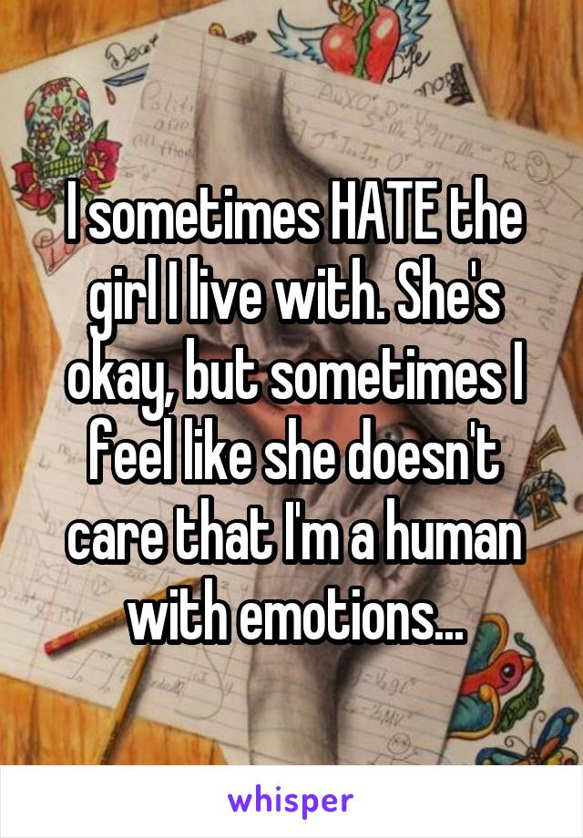 I sometimes HATE the girl I live with. She's okay, but sometimes I feel like she doesn't care that I'm a human with emotions...