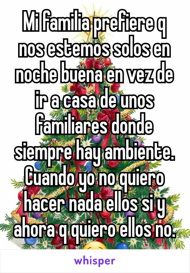 Mi familia prefiere q nos estemos solos en noche buena en vez de ir a casa de unos familiares donde siempre hay ambiente. Cuando yo no quiero hacer nada ellos si y ahora q quiero ellos no. 🙁