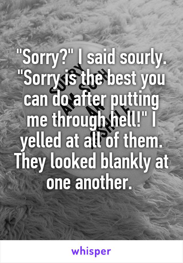 "Sorry?" I said sourly. "Sorry is the best you can do after putting me through hell!" I yelled at all of them. They looked blankly at one another. 
