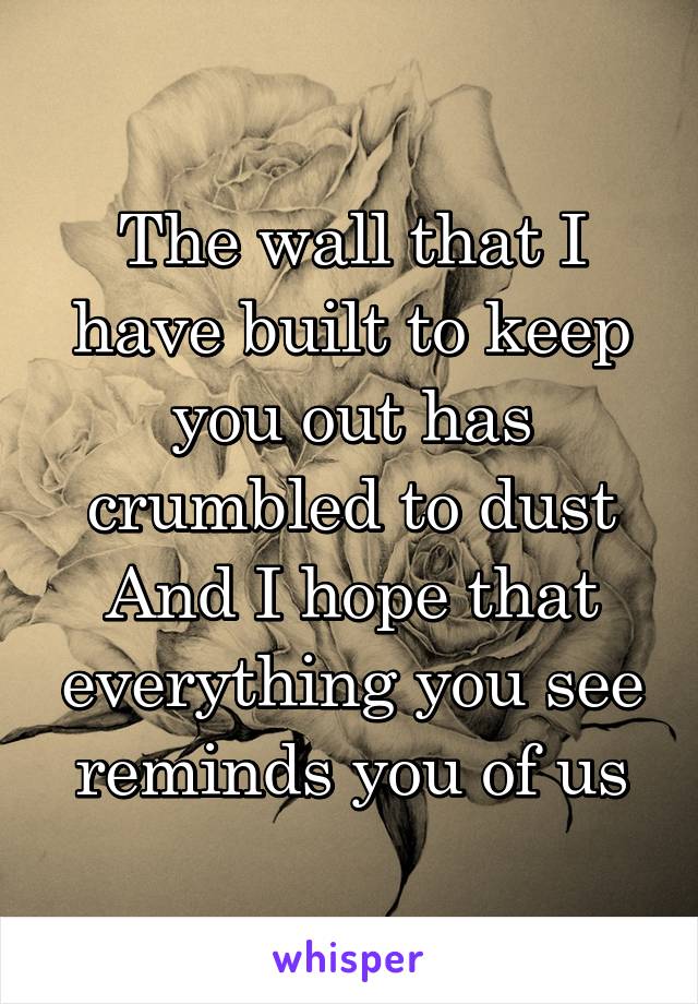 The wall that I have built to keep you out has crumbled to dust
And I hope that everything you see reminds you of us