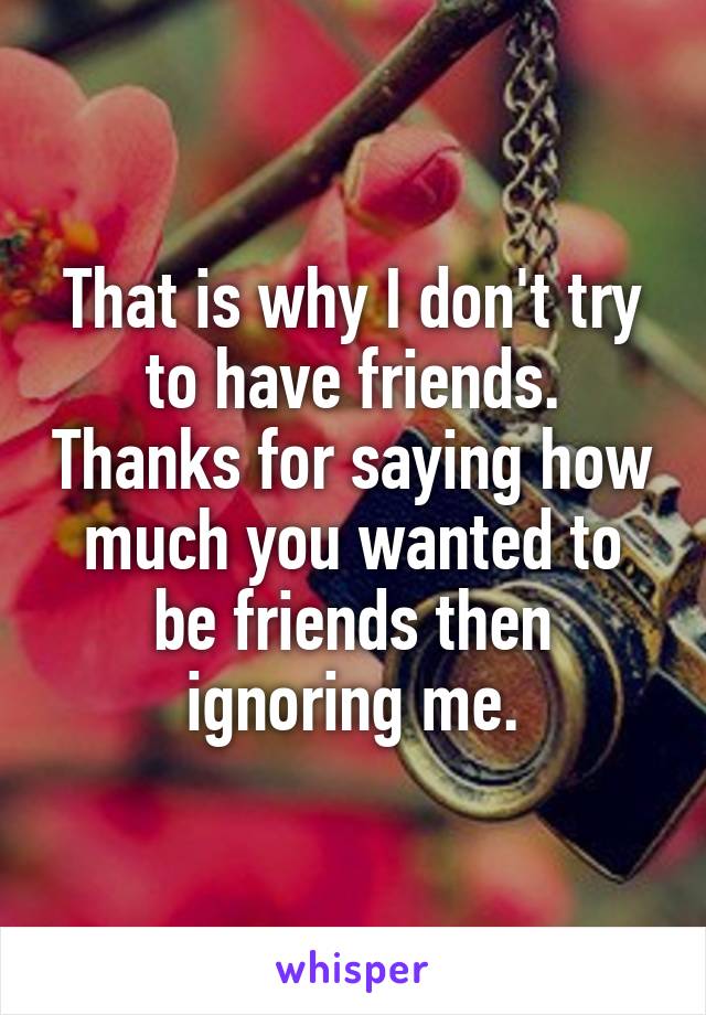 That is why I don't try to have friends. Thanks for saying how much you wanted to be friends then ignoring me.