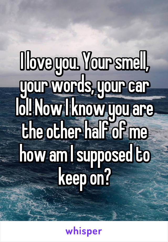 I love you. Your smell, your words, your car lol! Now I know you are the other half of me how am I supposed to keep on?