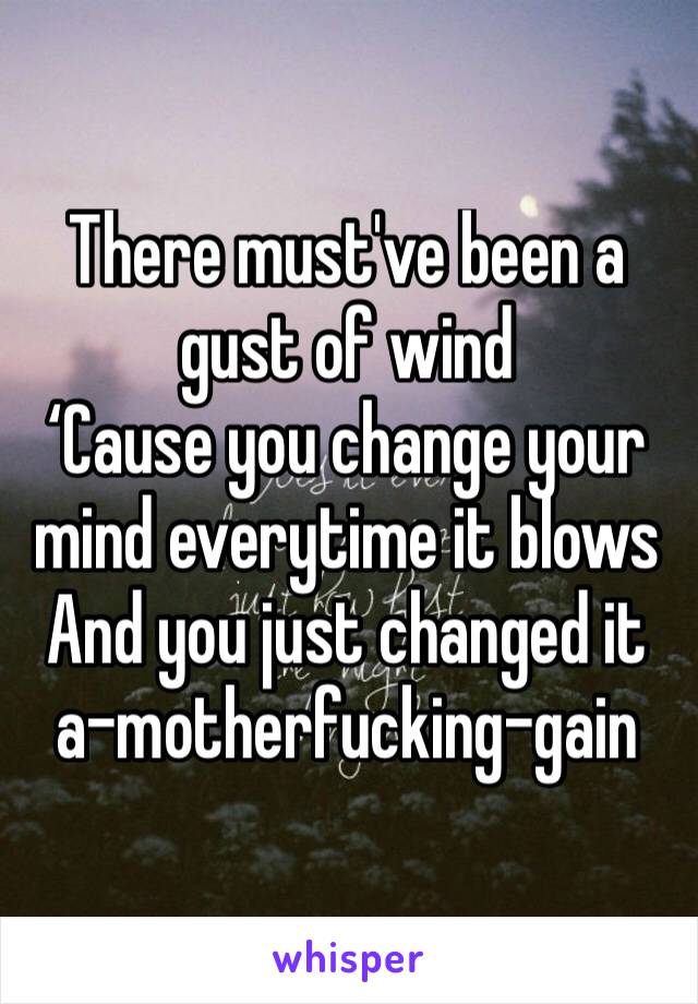 There must've been a gust of wind
‘Cause you change your mind everytime it blows
And you just changed it a-motherfucking-gain