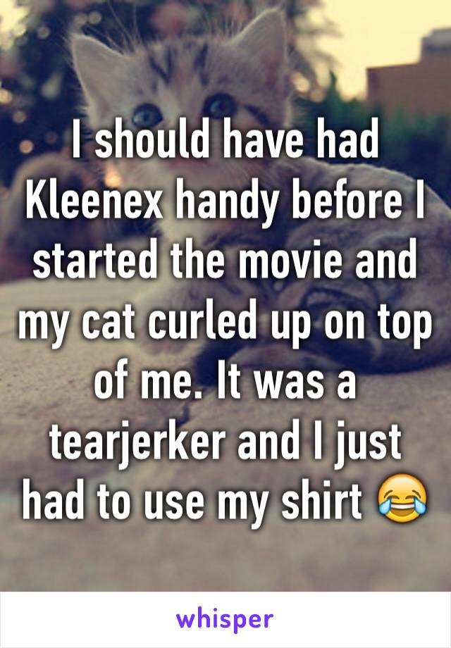 I should have had Kleenex handy before I started the movie and my cat curled up on top of me. It was a tearjerker and I just had to use my shirt 😂