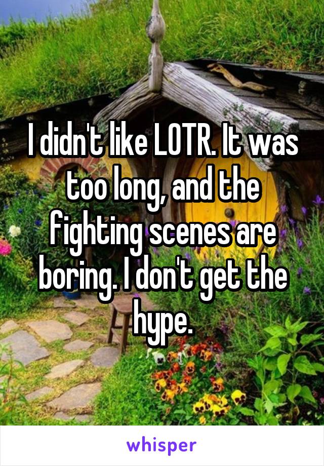 I didn't like LOTR. It was too long, and the fighting scenes are boring. I don't get the hype.