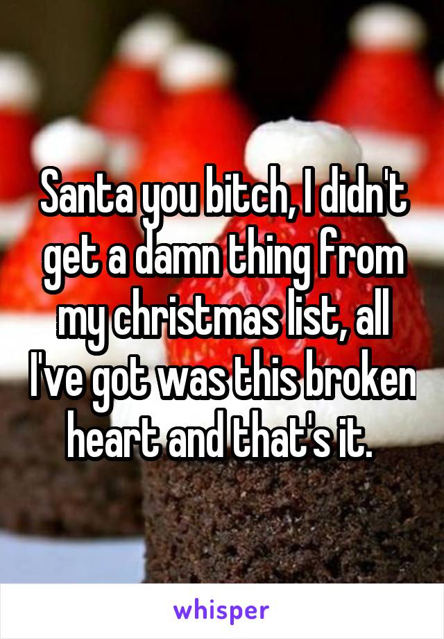 Santa you bitch, I didn't get a damn thing from my christmas list, all I've got was this broken heart and that's it. 