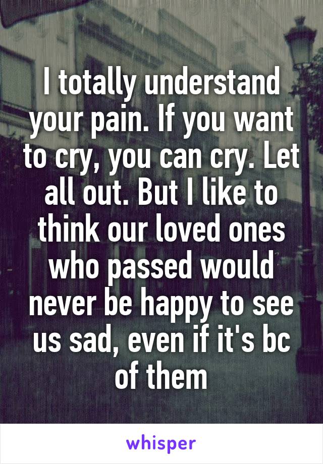 I totally understand your pain. If you want to cry, you can cry. Let all out. But I like to think our loved ones who passed would never be happy to see us sad, even if it's bc of them