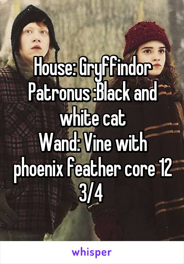 House: Gryffindor
Patronus :Black and white cat
Wand: Vine with phoenix feather core 12 3/4 