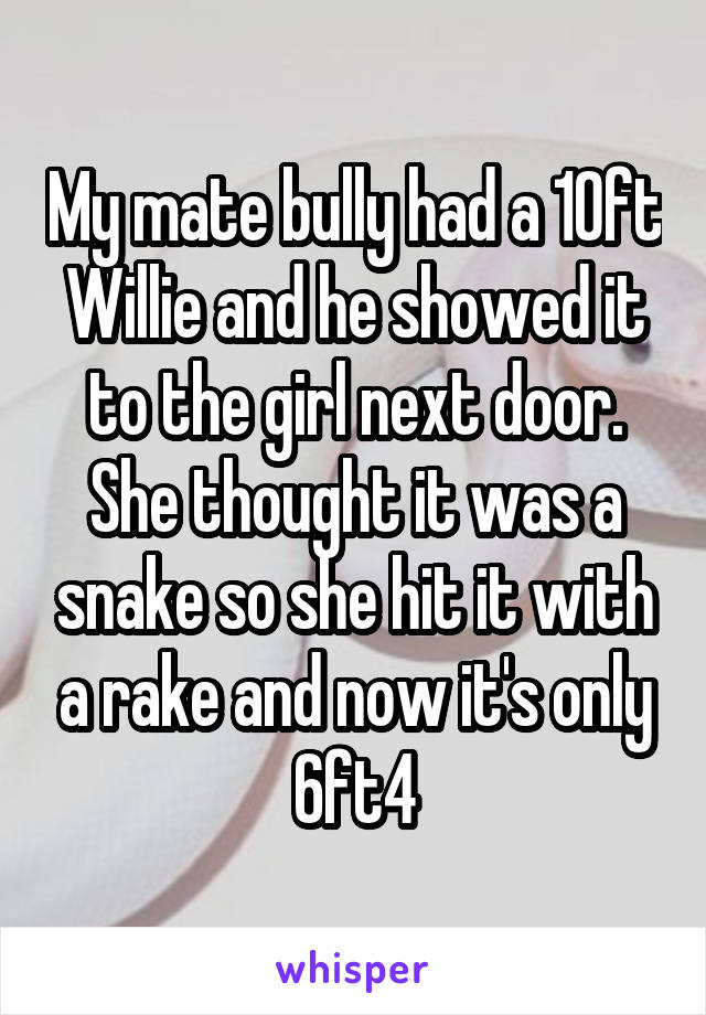 My mate bully had a 10ft Willie and he showed it to the girl next door. She thought it was a snake so she hit it with a rake and now it's only 6ft4