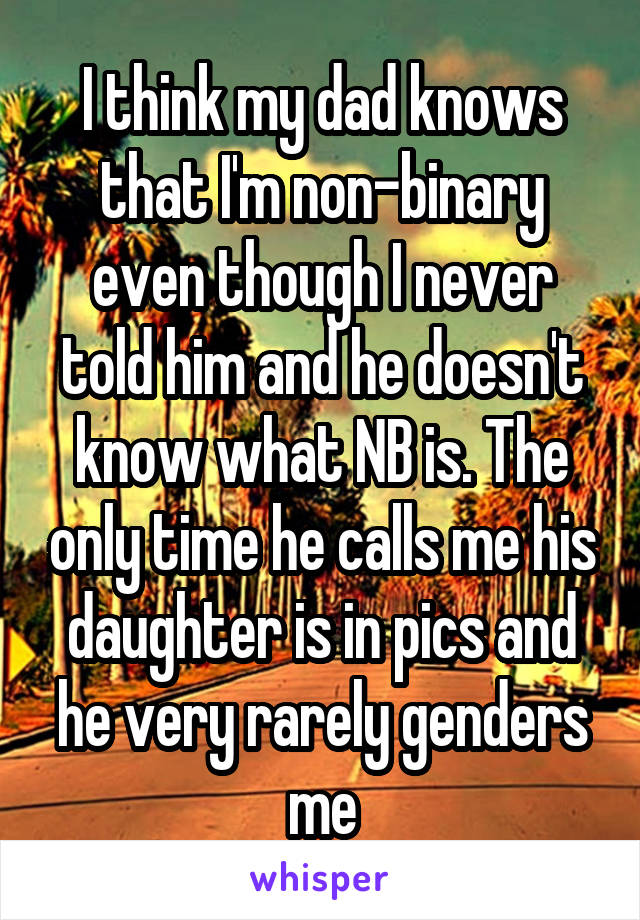 I think my dad knows that I'm non-binary even though I never told him and he doesn't know what NB is. The only time he calls me his daughter is in pics and he very rarely genders me