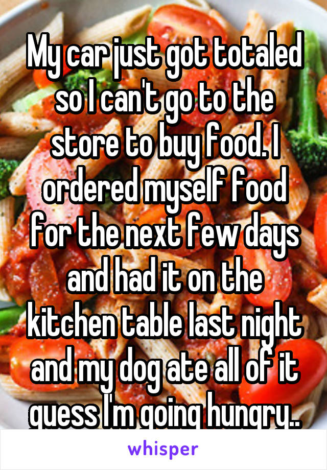 My car just got totaled so I can't go to the store to buy food. I ordered myself food for the next few days and had it on the kitchen table last night and my dog ate all of it guess I'm going hungry..