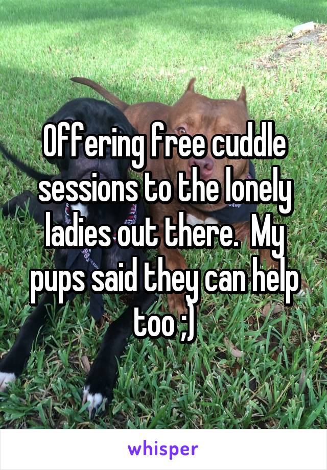 Offering free cuddle sessions to the lonely ladies out there.  My pups said they can help too ;)