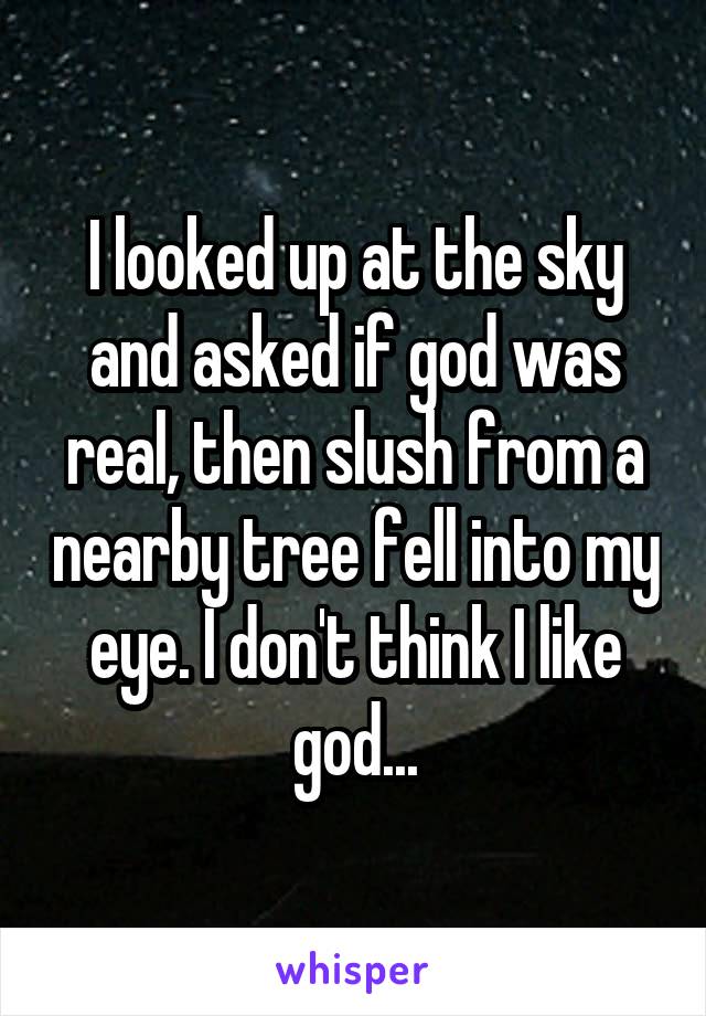 I looked up at the sky and asked if god was real, then slush from a nearby tree fell into my eye. I don't think I like god...