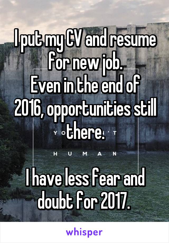 I put my CV and resume for new job.
Even in the end of 2016, opportunities still there.

I have less fear and doubt for 2017. 