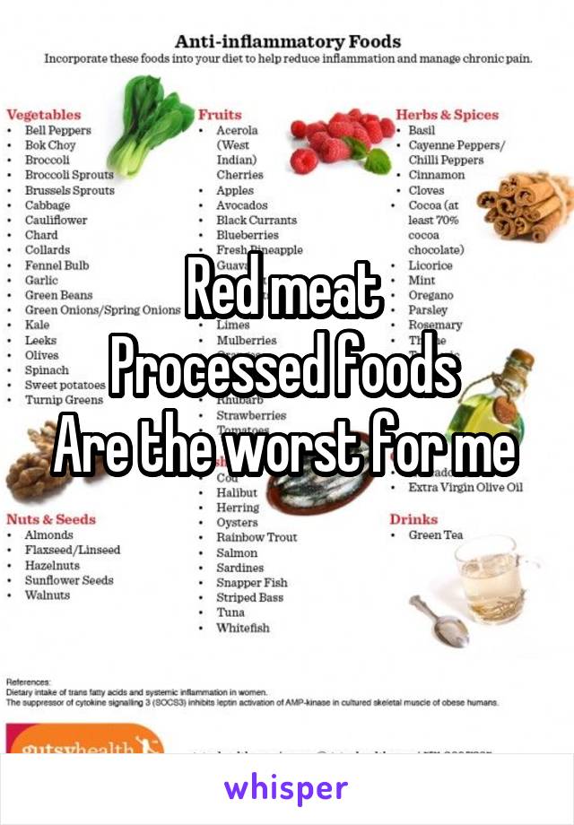 Red meat 
Processed foods 
Are the worst for me 
