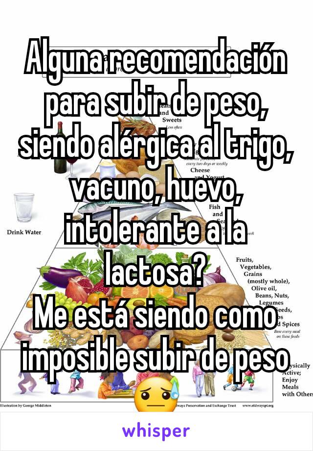 Alguna recomendación para subir de peso, siendo alérgica al trigo, vacuno, huevo, intolerante a la lactosa?
Me está siendo como imposible subir de peso 😓