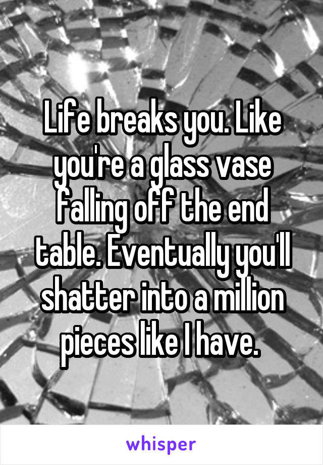 Life breaks you. Like you're a glass vase falling off the end table. Eventually you'll shatter into a million pieces like I have. 