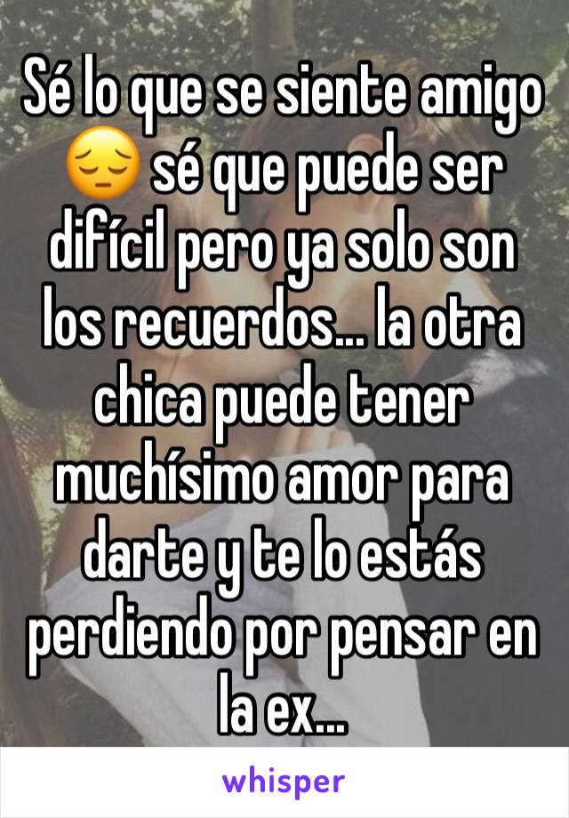 Sé lo que se siente amigo 😔 sé que puede ser difícil pero ya solo son los recuerdos... la otra chica puede tener muchísimo amor para darte y te lo estás perdiendo por pensar en la ex...