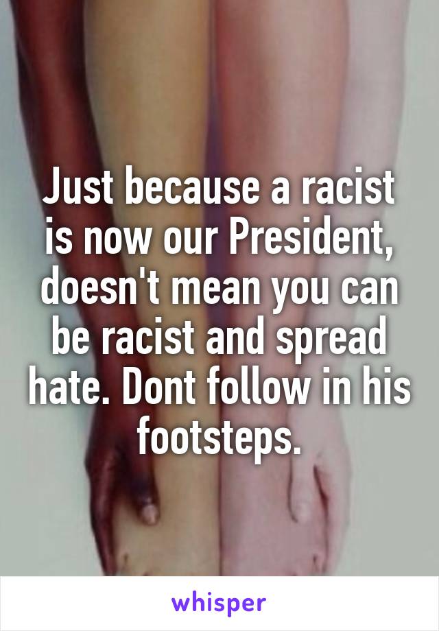 Just because a racist is now our President, doesn't mean you can be racist and spread hate. Dont follow in his footsteps.