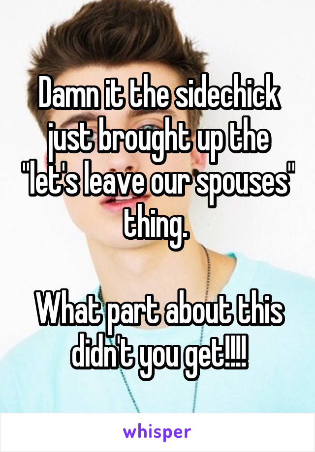 Damn it the sidechick just brought up the "let's leave our spouses" thing. 

What part about this didn't you get!!!!