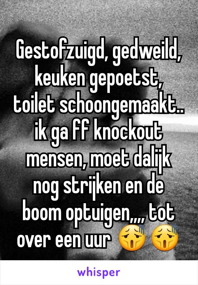 Gestofzuigd, gedweild, keuken gepoetst, toilet schoongemaakt.. ik ga ff knockout mensen, moet dalijk nog strijken en de boom optuigen,,,, tot over een uur 😫😫