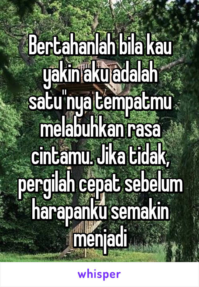 Bertahanlah bila kau yakin aku adalah satu"nya tempatmu melabuhkan rasa cintamu. Jika tidak, pergilah cepat sebelum harapanku semakin menjadi