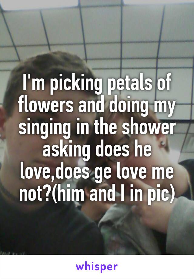 I'm picking petals of flowers and doing my singing in the shower asking does he love,does ge love me not?(him and I in pic)