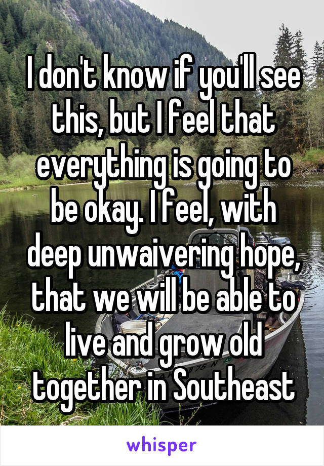 I don't know if you'll see this, but I feel that everything is going to be okay. I feel, with deep unwaivering hope, that we will be able to live and grow old together in Southeast