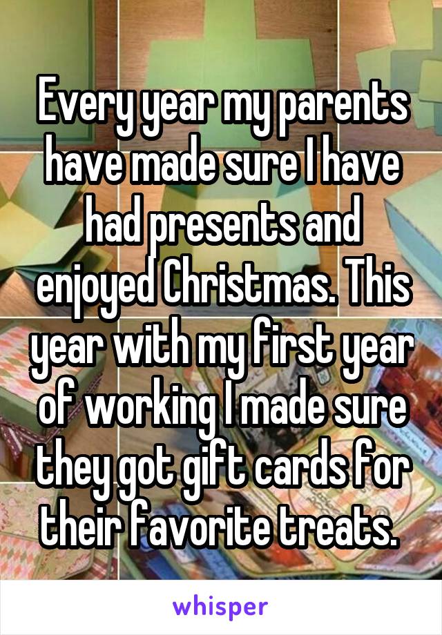 Every year my parents have made sure I have had presents and enjoyed Christmas. This year with my first year of working I made sure they got gift cards for their favorite treats. 