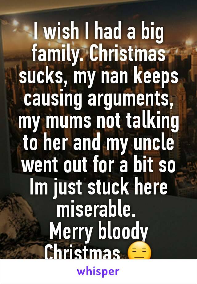I wish I had a big family. Christmas sucks, my nan keeps causing arguments, my mums not talking to her and my uncle went out for a bit so Im just stuck here miserable. 
Merry bloody Christmas ðŸ˜‘