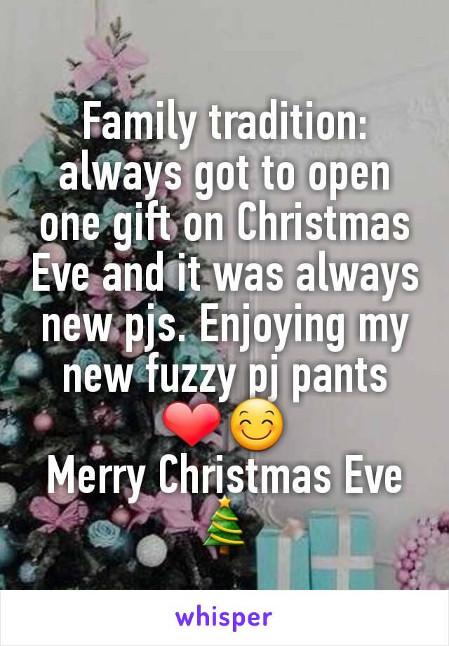 Family tradition: always got to open one gift on Christmas Eve and it was always new pjs. Enjoying my new fuzzy pj pants ❤😊
Merry Christmas Eve 🎄