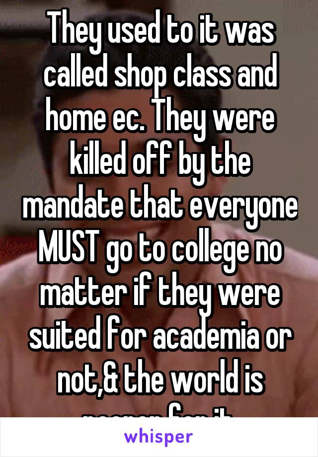 They used to it was called shop class and home ec. They were killed off by the mandate that everyone MUST go to college no matter if they were suited for academia or not,& the world is poorer for it.