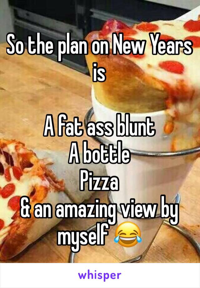 So the plan on New Years is

A fat ass blunt
A bottle
Pizza
& an amazing view by myself 😂