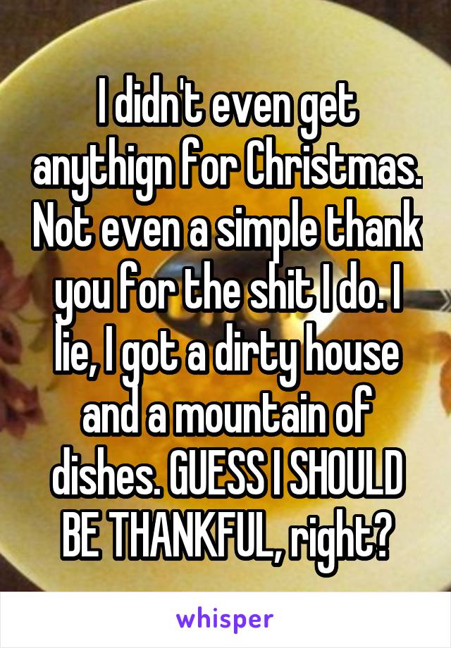 I didn't even get anythign for Christmas. Not even a simple thank you for the shit I do. I lie, I got a dirty house and a mountain of dishes. GUESS I SHOULD BE THANKFUL, right?
