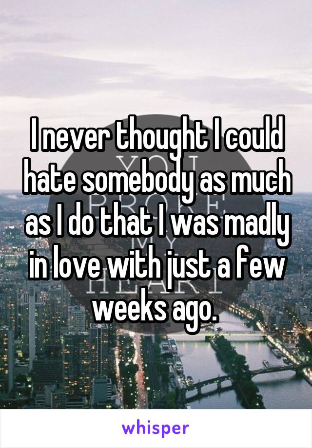 I never thought I could hate somebody as much as I do that I was madly in love with just a few weeks ago. 
