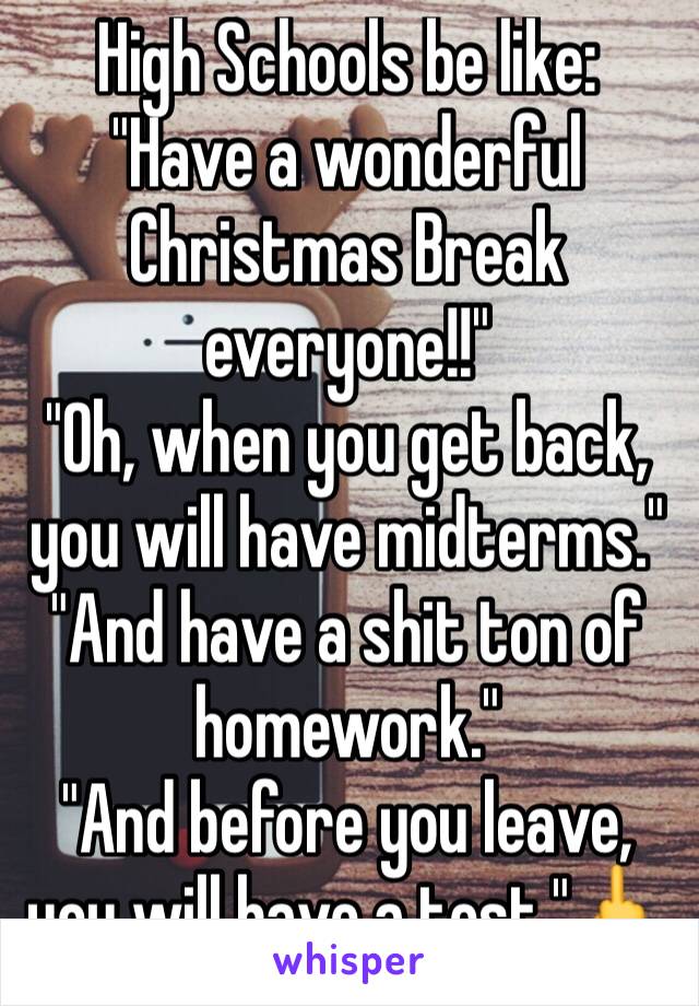 High Schools be like:
"Have a wonderful Christmas Break everyone!!"
"Oh, when you get back, you will have midterms."
"And have a shit ton of homework."
"And before you leave, you will have a test."🖕