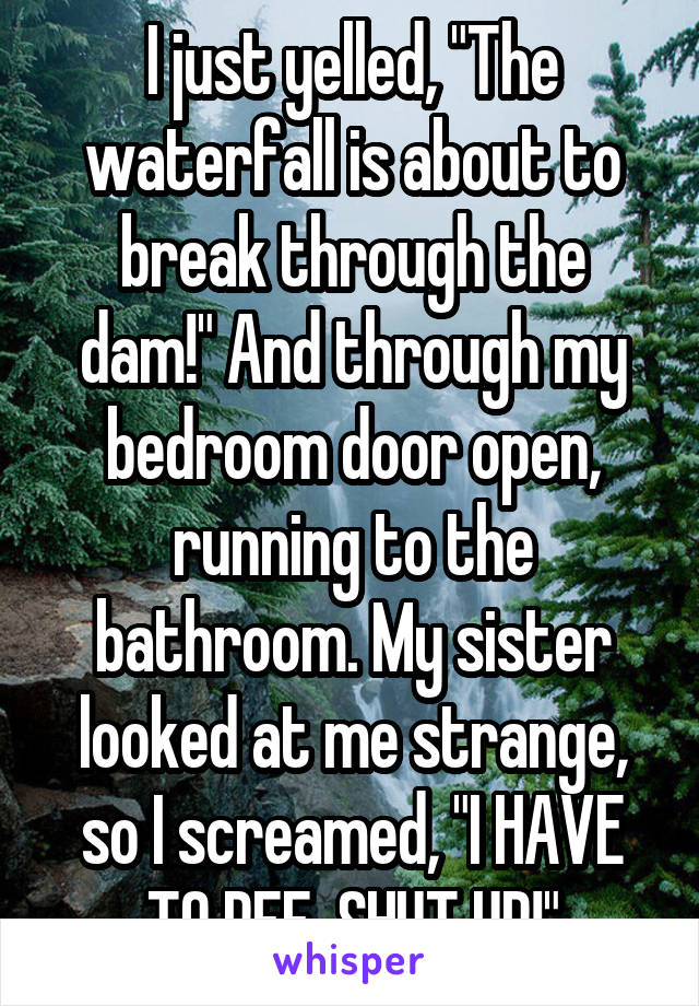 I just yelled, "The waterfall is about to break through the dam!" And through my bedroom door open, running to the bathroom. My sister looked at me strange, so I screamed, "I HAVE TO PEE, SHUT UP!"