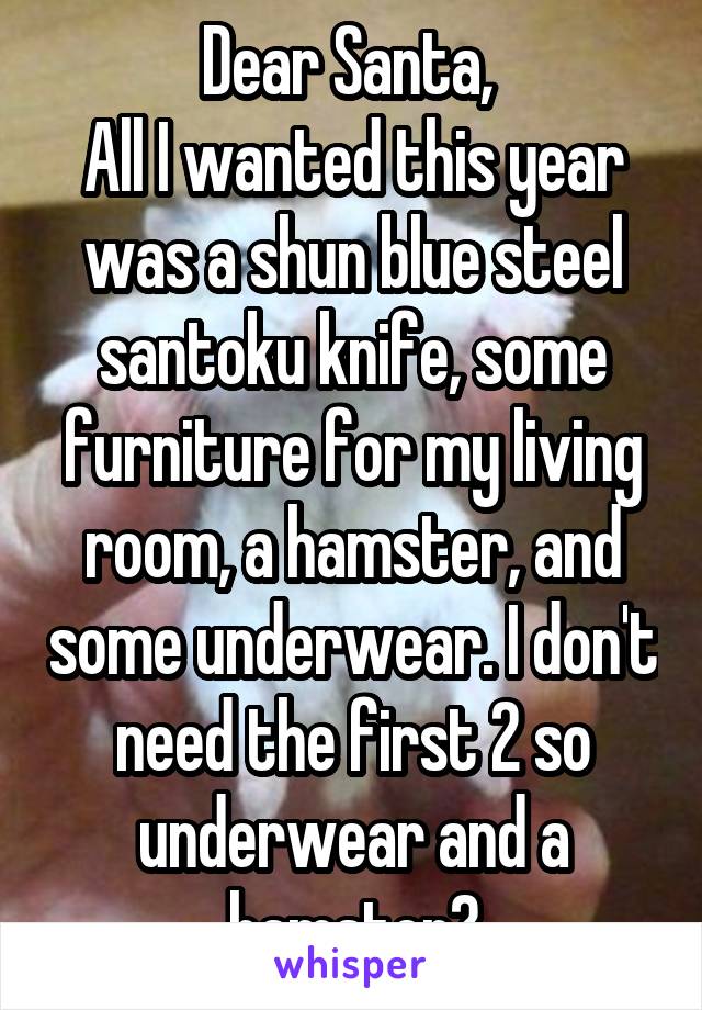 Dear Santa, 
All I wanted this year was a shun blue steel santoku knife, some furniture for my living room, a hamster, and some underwear. I don't need the first 2 so underwear and a hamster?