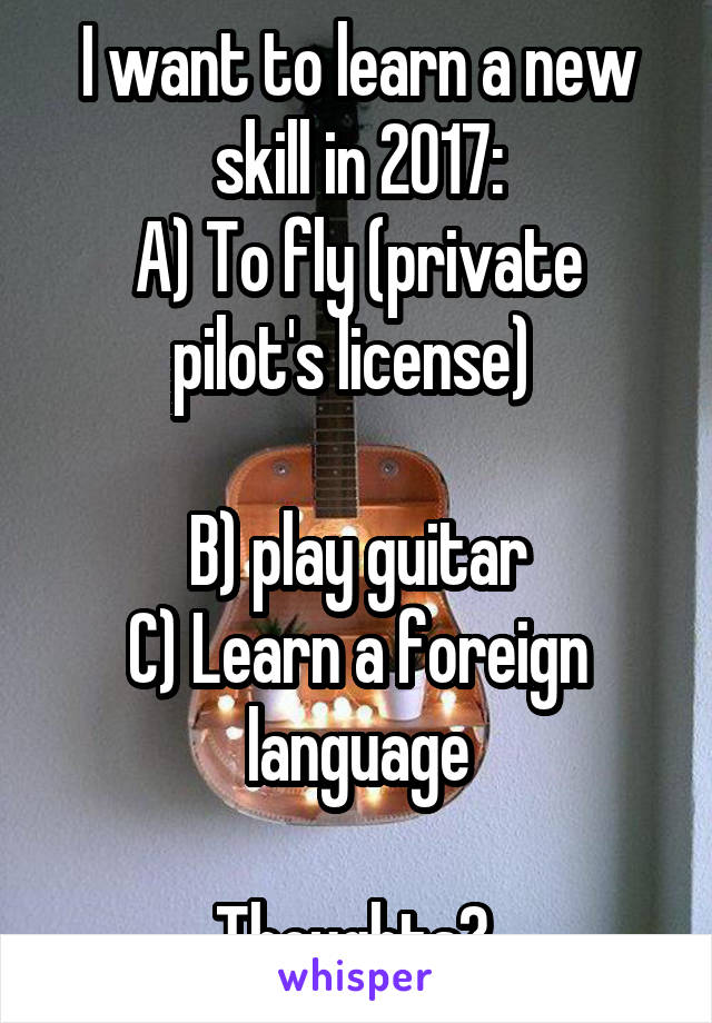I want to learn a new skill in 2017:
A) To fly (private pilot's license) 

B) play guitar
C) Learn a foreign language

Thoughts? 