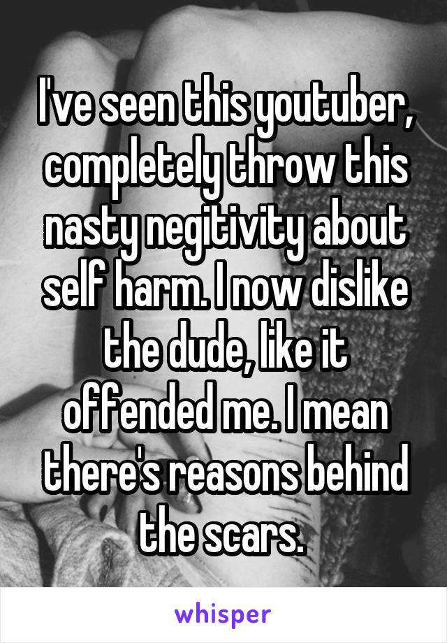 I've seen this youtuber, completely throw this nasty negitivity about self harm. I now dislike the dude, like it offended me. I mean there's reasons behind the scars. 