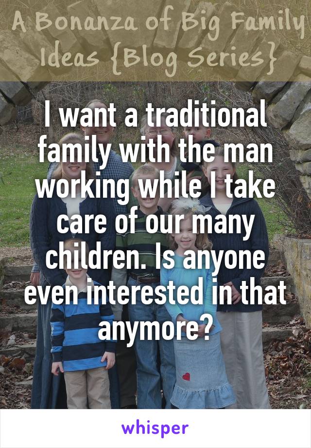 I want a traditional family with the man working while I take care of our many children. Is anyone even interested in that anymore?